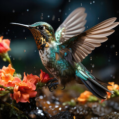 A mesmerizing hummingbird (Trochilidae) hovering near a flower in the lush rainforest canopy.