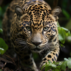 Obraz premium A sleek jaguar (Panthera onca) stealthily moving through the vibrant rainforest. Taken with a professional camera and lens.