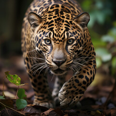 A sleek jaguar (Panthera onca) stealthily moving through the vibrant rainforest. Taken with a professional camera and lens.