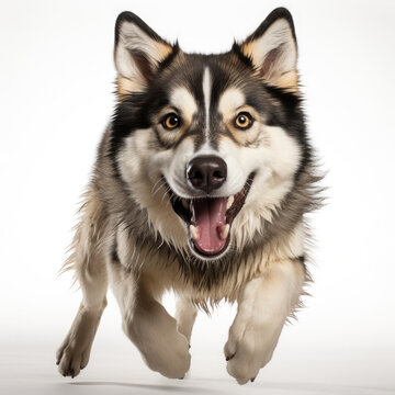 A Siberian Husky (Canis lupus familiaris) with dichromatic eyes in a running pose.