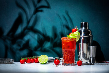Bloody Mary cocktail drink with tomato juice, vodka, lemon, celery, hot sauce and ice in glass garnished with salt and ground chili pepper. Dark green background, hard light and shadow pattern
