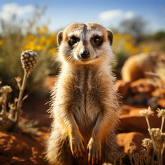 Fototapeta premium An alert meerkat (Suricata suricatta) standing upright in a grassland colony. Taken with a professional camera and lens.