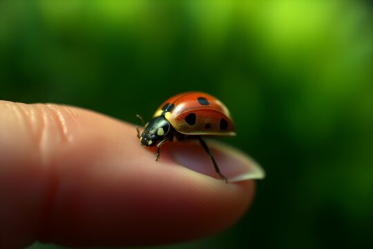A serene image of a ladybug, often associated with good luck, landing on a human finger, set against a soft-focused green background.