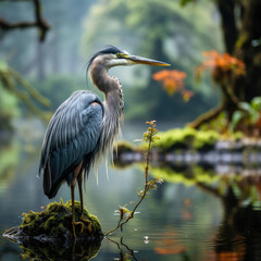 Fototapeta premium A graceful heron (Ardeidae) standing by a serene river in the heart of the rainforest.