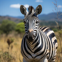 Naklejka premium A grazing zebra (Equus quagga) peacefully feeding on the grassland. Taken with a professional camera and lens.
