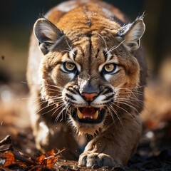 A fierce puma (Puma concolor) in its natural habitat, ready to strike. Taken with a professional camera and lens.