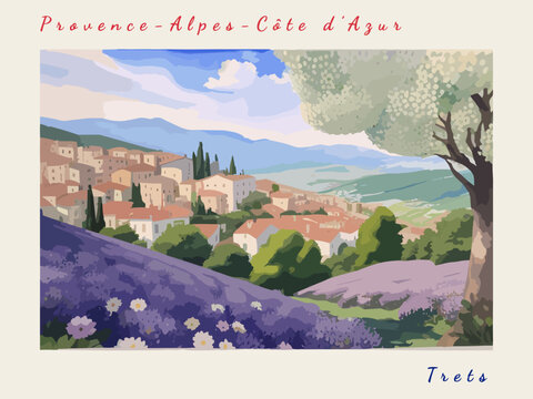 Trets: Postcard design with a scene in France and the city name Trets