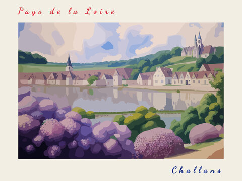Challans: Postcard design with a scene in France and the city name Challans
