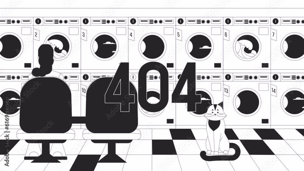 Poster waiting laundry bw 404 animation. launderette. empty state 4k video concept, alpha channel transpare