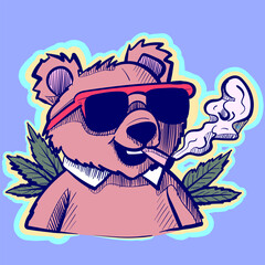 Illustration of a brown bear graffiti smoking a cigarette. Vector of a grizzly with sunglasses and marijuana leaves around him smoking a joint