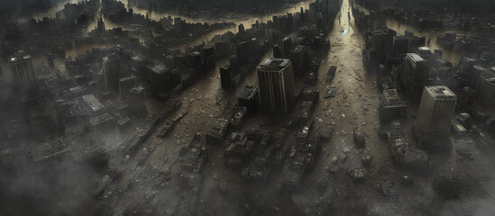 flood ruined city aerial view. generative ai