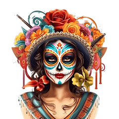 Isolated PNG cutout of a Mexican festival known as Day of the Dead with maxican girl portrait wearing carnival mask of the day of the dead, Generative ai