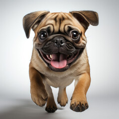 A playful Pug puppy (Canis lupus familiaris) running joyfully.