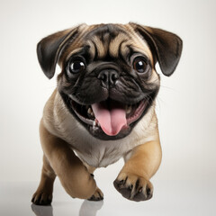A playful Pug puppy (Canis lupus familiaris) running joyfully.