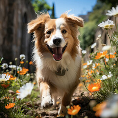 A playful puppy (Canis lupus familiaris) running through a sunlit garden in Tuscany, filled with vibrant flowers and lush greenery.