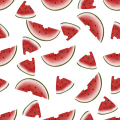 Watercolor seamless pattern with watermelon slices. Summer fruit digital paper isolated on transparent background.