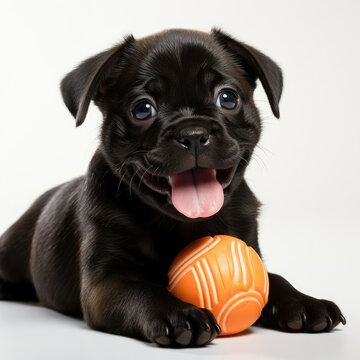 A mischievous Pug puppy (Canis lupus familiaris) happily chewing on a toy.