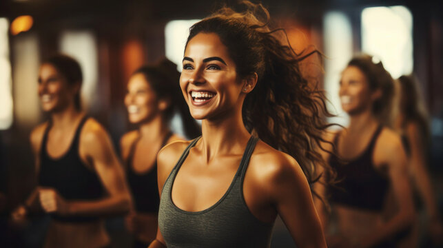 At the gym, pals are having a good time while exercising, laughing, and taking a pilates class. On a studio wall, grin, play a team sport for exercise, do aerobics, or practice yoga.
