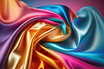 Vibrant colorful abstract shiny plastic silk or satin wavy background. Generative AI.