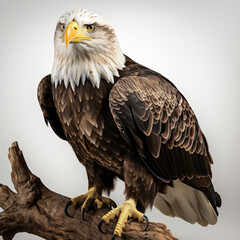 Obraz premium A majestic bald eagle perched on a tree branch, displaying its intense gaze.