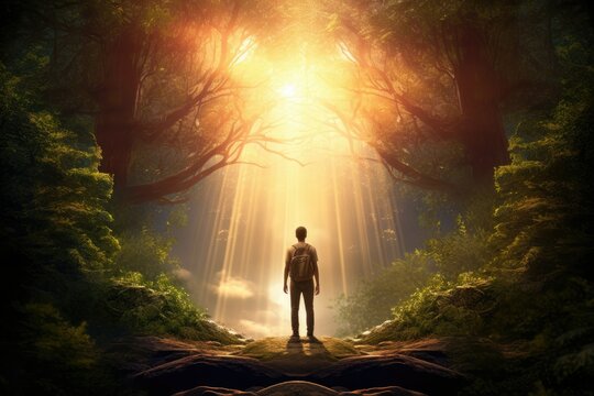 Nature Spirituality, Ways to Reconnect with Nature, How to Practice Nature-Based Spirituality Responsibly. Back view of person on nature background with sun light