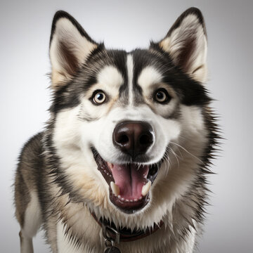 A Siberian Husky (Canis lupus familiaris) with dichromatic eyes in a jumping pose.