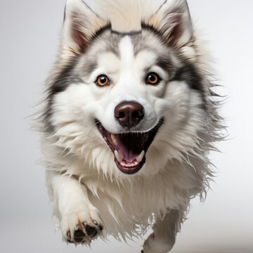 A Siberian Husky (Canis lupus familiaris) with dichromatic eyes in a jumping pose.