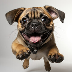 An energetic Pug puppy (Canis lupus familiaris) jumping up in excitement.