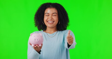 Green screen, woman face and piggy bank with thumbs up for budget, success and growth on mockup background. Banking, success and portrait of lady person with hand vote emoji and money box for savings - Powered by Adobe