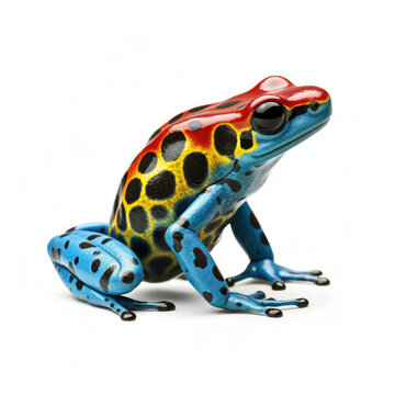 A bright Poison Dart Frog (Dendrobates tinctorius) in alert posture.