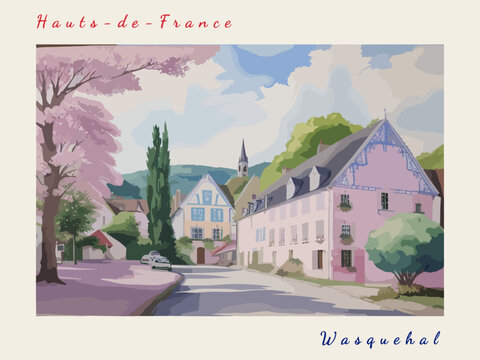 Wasquehal: Postcard design with a scene in France and the city name Wasquehal