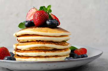 Pancakes with Fresh Berries and Maple Syrup, Tasty Breakfast