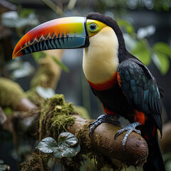Naklejka premium A striking toucan (Ramphastos toco) sitting on a tree branch in the vibrant tropical rainforest.