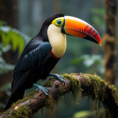 Fototapeta premium A striking toucan (Ramphastos toco) sitting on a tree branch in the vibrant tropical rainforest.