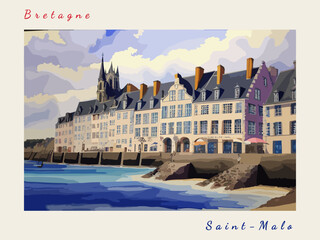 Saint-Malo: Postcard design with a scene in France and the city name Saint-Malo - obrazy, fototapety, plakaty