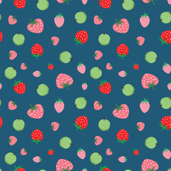 Strawberries vector repeat pattern design on blue background