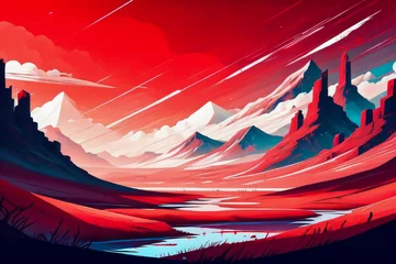 Zelfklevend Fotobehang Illustration of  stunning vector art of landscape, minimalism, red and white. Generative ai. © yunus mustafa