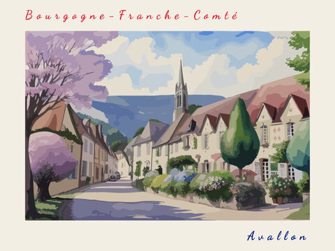 Avallon: Postcard design with a scene in France and the city name Avallon