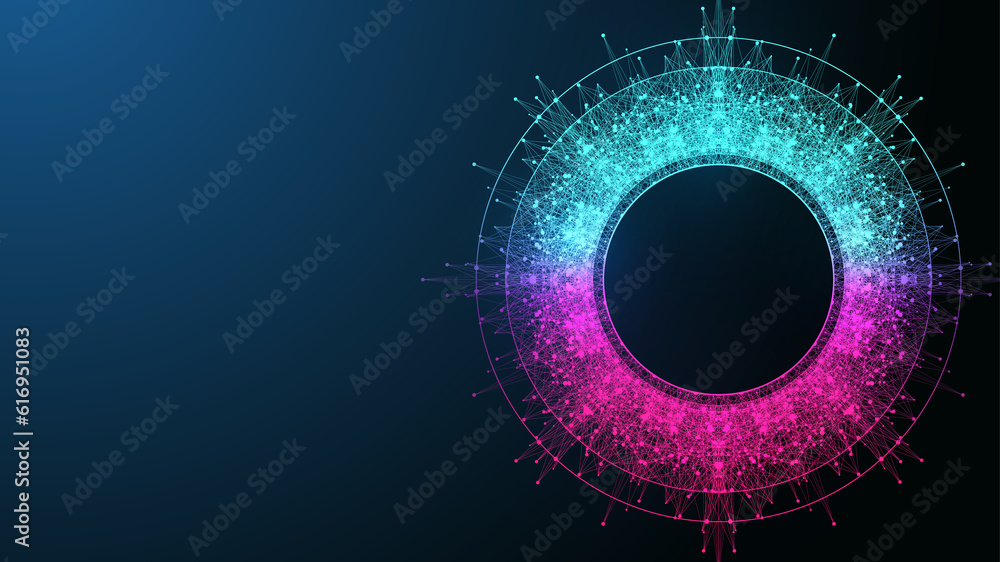 Poster Quantum computing concept. Deep learning artificial intelligence. Big data algorithms visualization for business, science presentations, posters, covers, illustration.