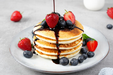 Pancakes with Fresh Berries and Maple Syrup, Tasty Breakfast
