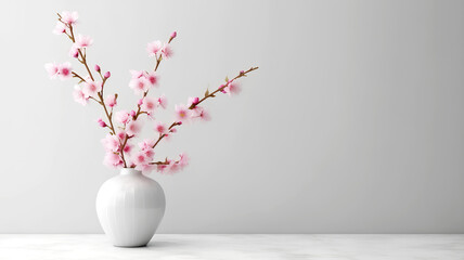 Blooming cherry tree branch in a white vase with ai generative.