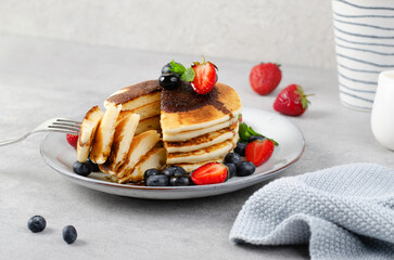 Pancakes with Fresh Berries and Maple Syrup, Tasty Breakfast