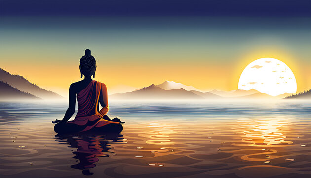 Buddha meditation by sunset - Generative AI
