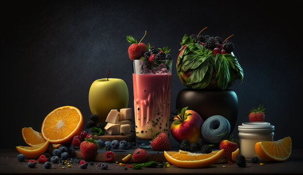 fruit smoothie on a dark background. Generative AI