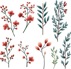 Set of floral branch. Flat   isolated on white background.