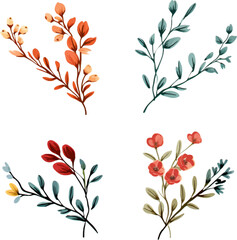 Set of floral branch. Flat   isolated on white background.