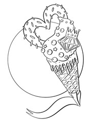 contour line illustration cartoon cute style design element packaging postcard logo coloring sweet food ice cream summer with toppers and heart with place for inscription close up