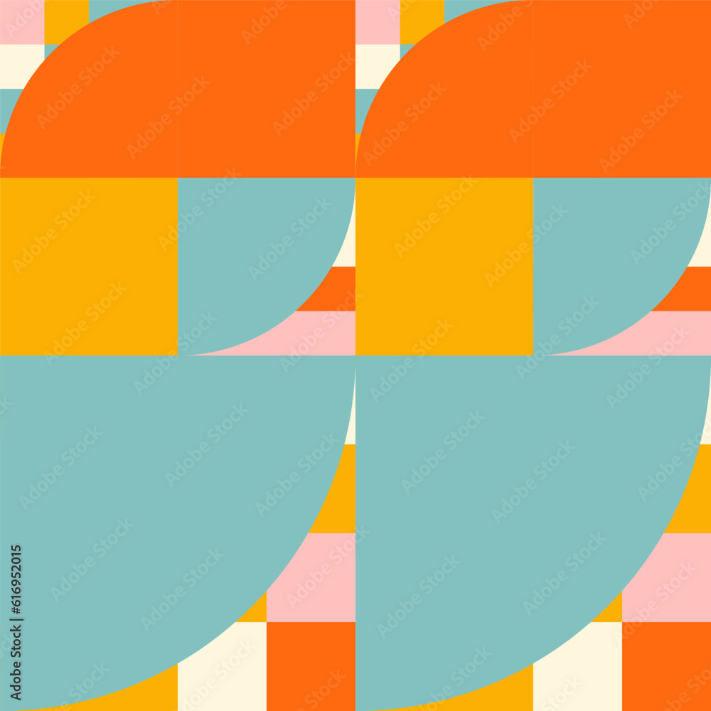 Poster Simple geometric seamless pattern. Modern abstract background with circle, semi circle, square, rectangle stripe shapes in pastel colors.