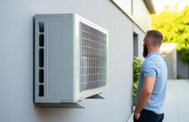 Man inspecting Airconditioner Installation, Outdoor