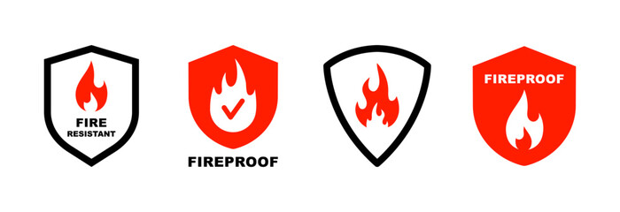 Fire resistant icon set. Fireproof icon. Fire protection icon with shield. Fire resistant material sign. Vector illustration.